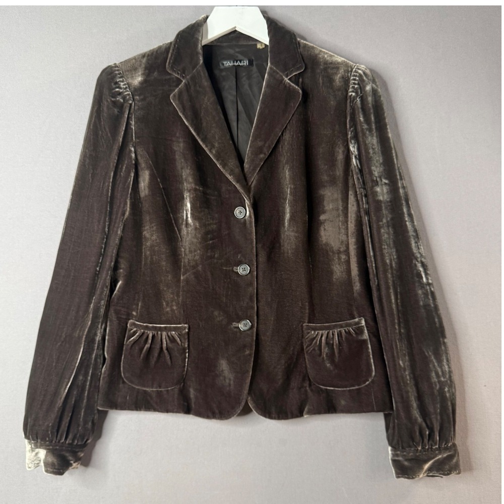 Tahari Velvet Blazer Womens M Brown Silk Blend Ruched Victorian Goth Romantic